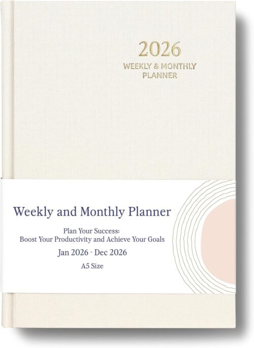 2026 Planner - Weekly and Monthly Planner, January 2026 - December 2026, Linen Hardcover, 2026 Calendar Planner Book with Tabs, Aesthetic, Perfect for Office Home School Supplies (Beige, A5)