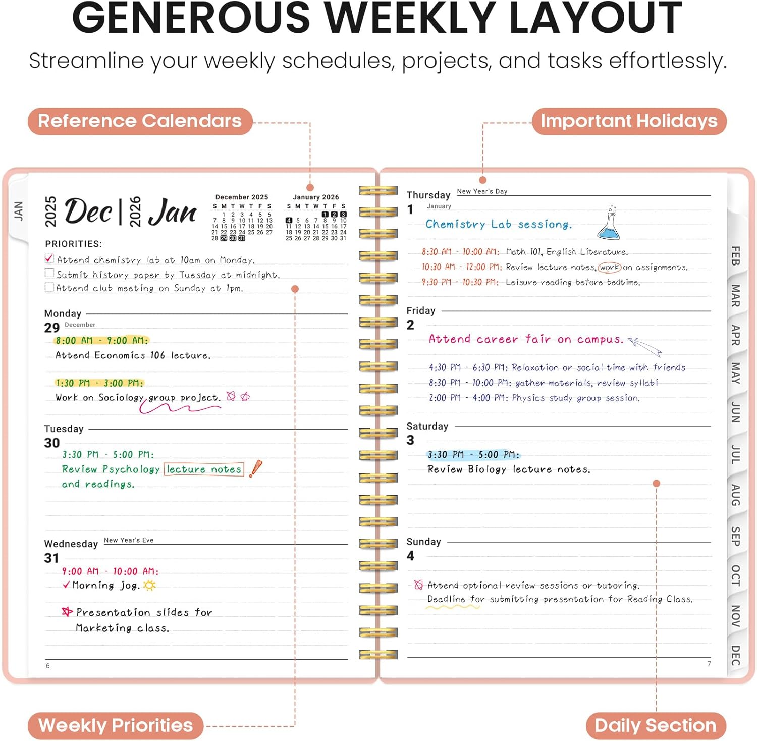 2026 Planner, Weekly and Monthly Calender Planner, Jan 2026 to Dec 2026, Hardcover 2026 Calendar Book with Tabs & Inner Pocket, Office Home School Supplies for Women & Men - A5 (6.3" x 8.5"), Pink - Image 5