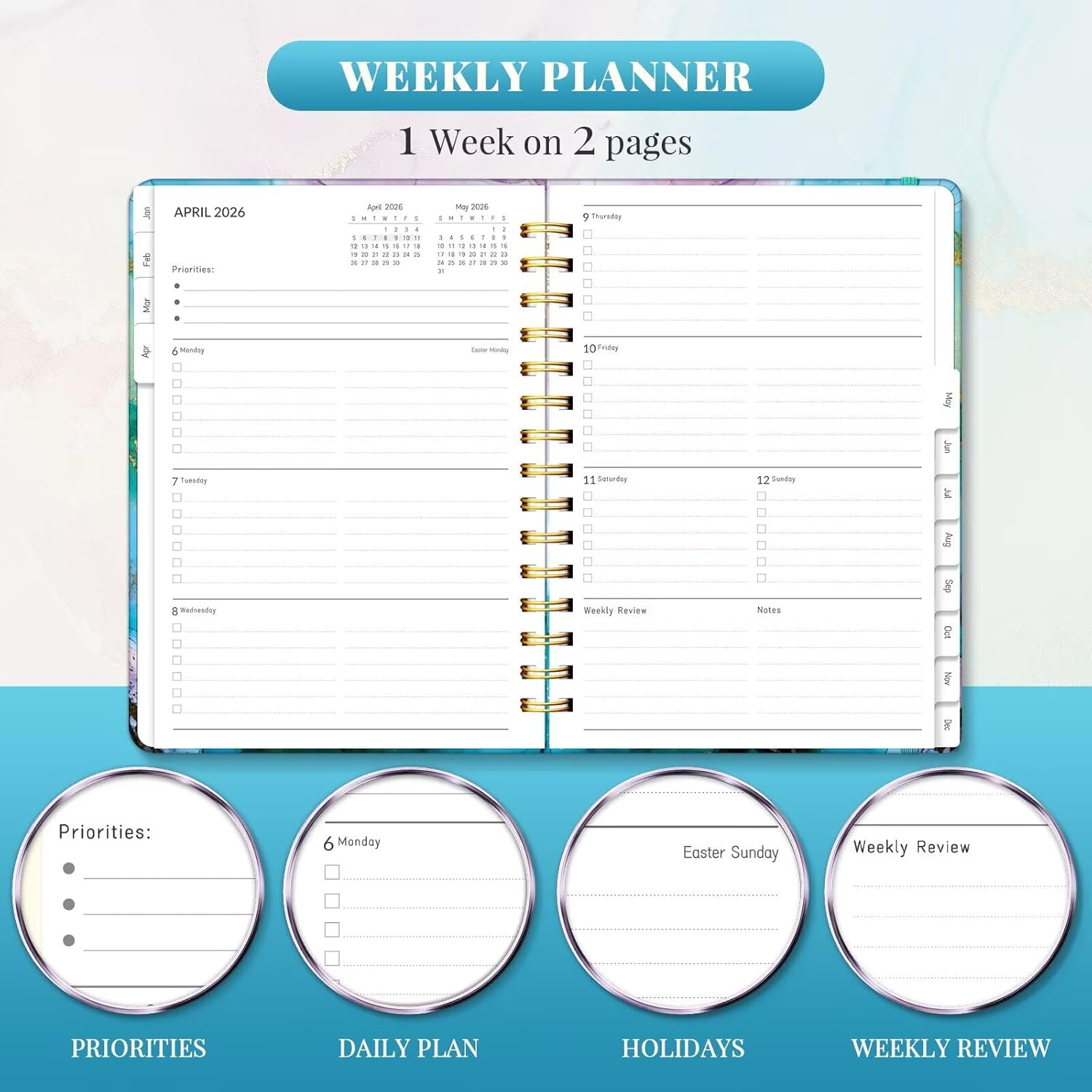 2026 Planner, A5 Weekly and Monthly Planners with Tabs, Spiral Bound Daily Calendar 2026 Planner, Agenda Organizers from Jan. to Dec., Hardcover Habit Tracker Journal 6.18" x 8.5"(Cyan Marble) - Image 5