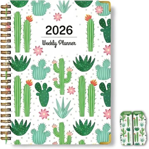 2026 Planner, Weekly and Monthly Calendar Planner for Women, Jan 2026 - Dec 2026, Hardcover Planning Agenda book with Tabs, Spiral Bound, Inner Pocket, Perfect for School Office Supplies, 6.2" x 8.5" - Cactus