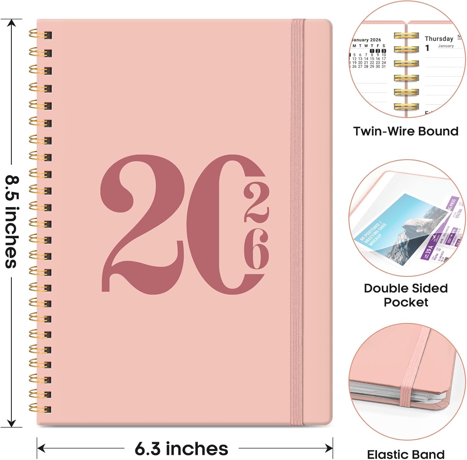 2026 Planner, Weekly and Monthly Calender Planner, Jan 2026 to Dec 2026, Hardcover 2026 Calendar Book with Tabs & Inner Pocket, Office Home School Supplies for Women & Men - A5 (6.3" x 8.5"), Pink - Image 3