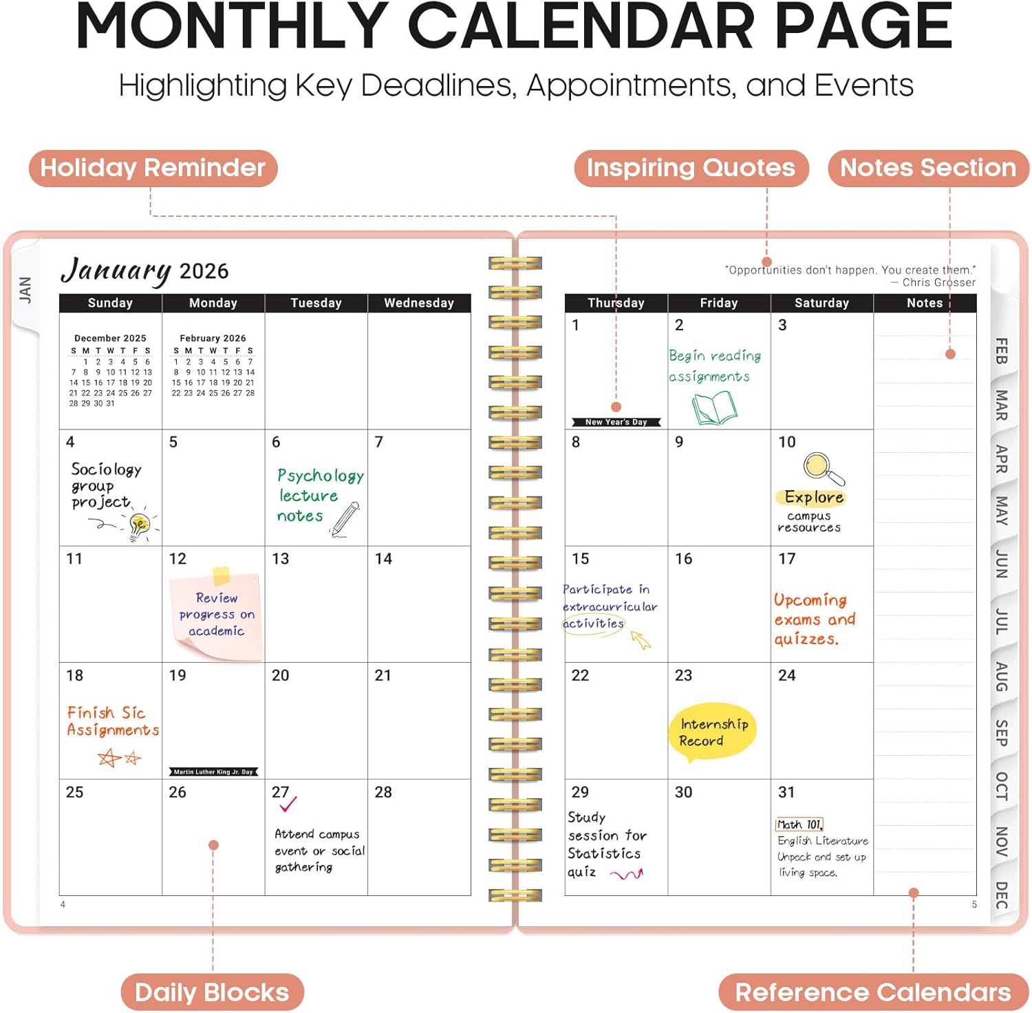 2026 Planner, Weekly and Monthly Calender Planner, Jan 2026 to Dec 2026, Hardcover 2026 Calendar Book with Tabs & Inner Pocket, Office Home School Supplies for Women & Men - A5 (6.3" x 8.5"), Pink - Image 4