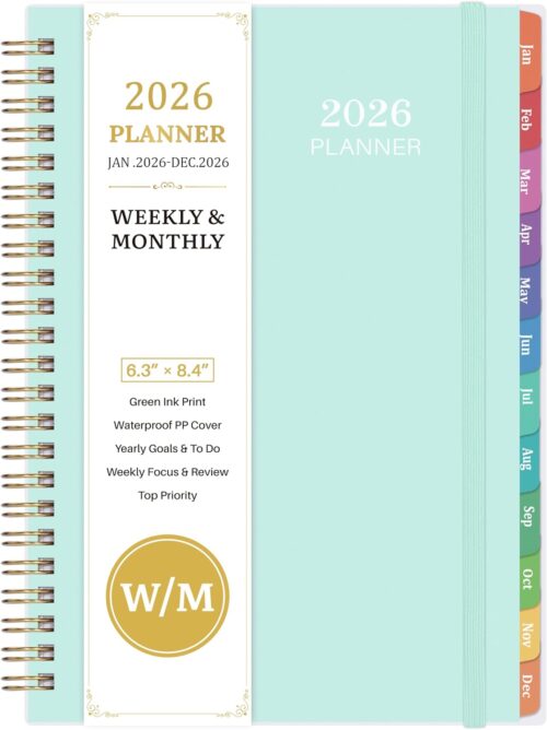 2026 Planner - Planner 2026 Weekly Monthly, Jan 2026 to Dec 2026, 6.4'' x 8.5'', Calendar 2026 with Transparent PP Cover, Green Ink Pages, Colorful Monthly Tabs, Back Pocket