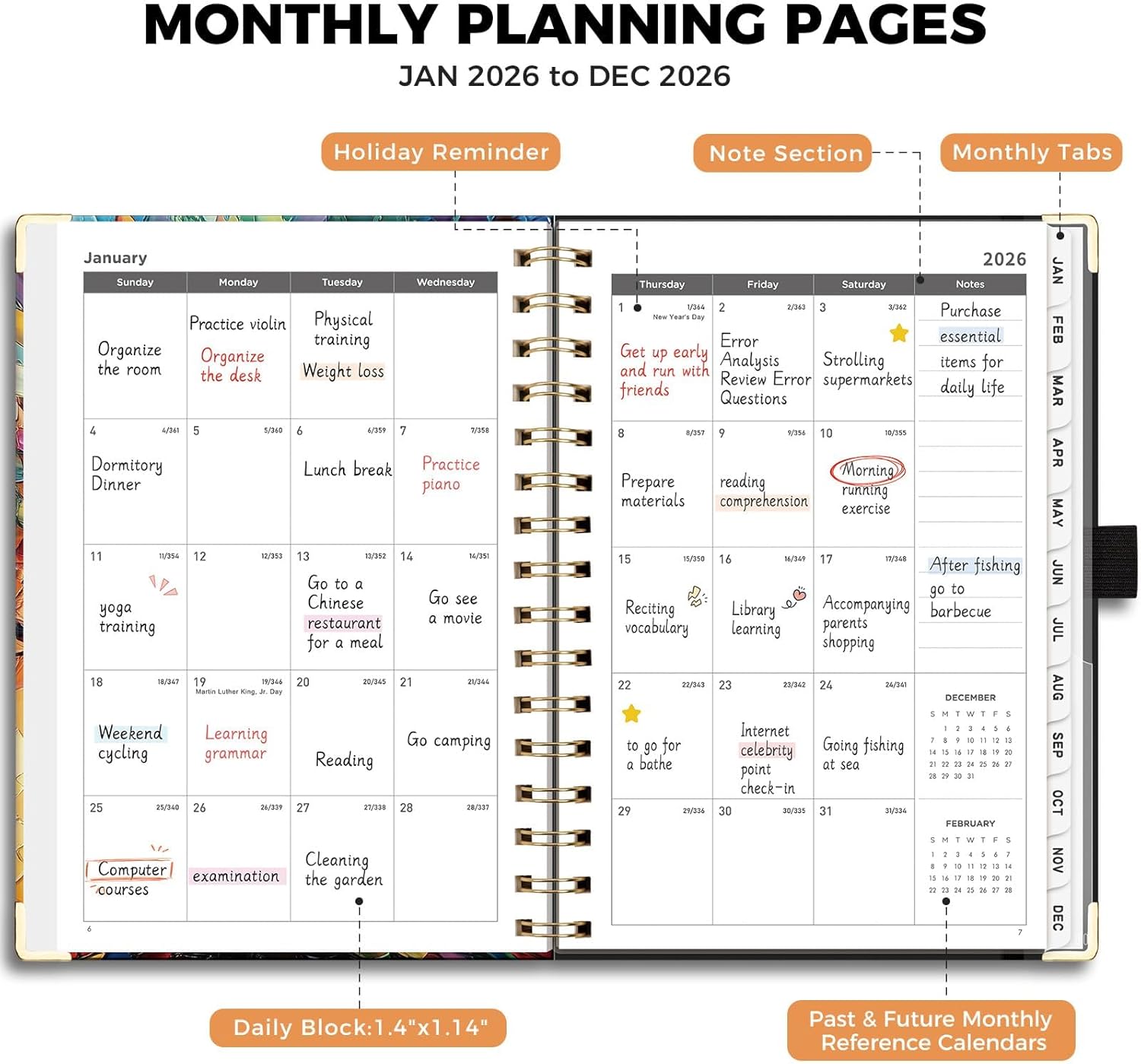 AHGXG 2026 Planner, Weekly and Monthly Planner for Women, Jan 2026 - Dec 2026, Medium Size (5.7" x 8.3"), Calendar 2026, Hardcover with Monthly Tabs, Spiral-Bound, 100 GSM Thick Paper, Colourful Tree - Image 4
