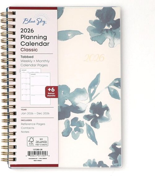 Blue Sky 2026 Weekly and Monthly Planner Calendar, January 2026 - December 2026, 5" x 8", Flexible Frosted Cover, Laminated Tabs, Durable Twin Wire Binding, Bakah Blue