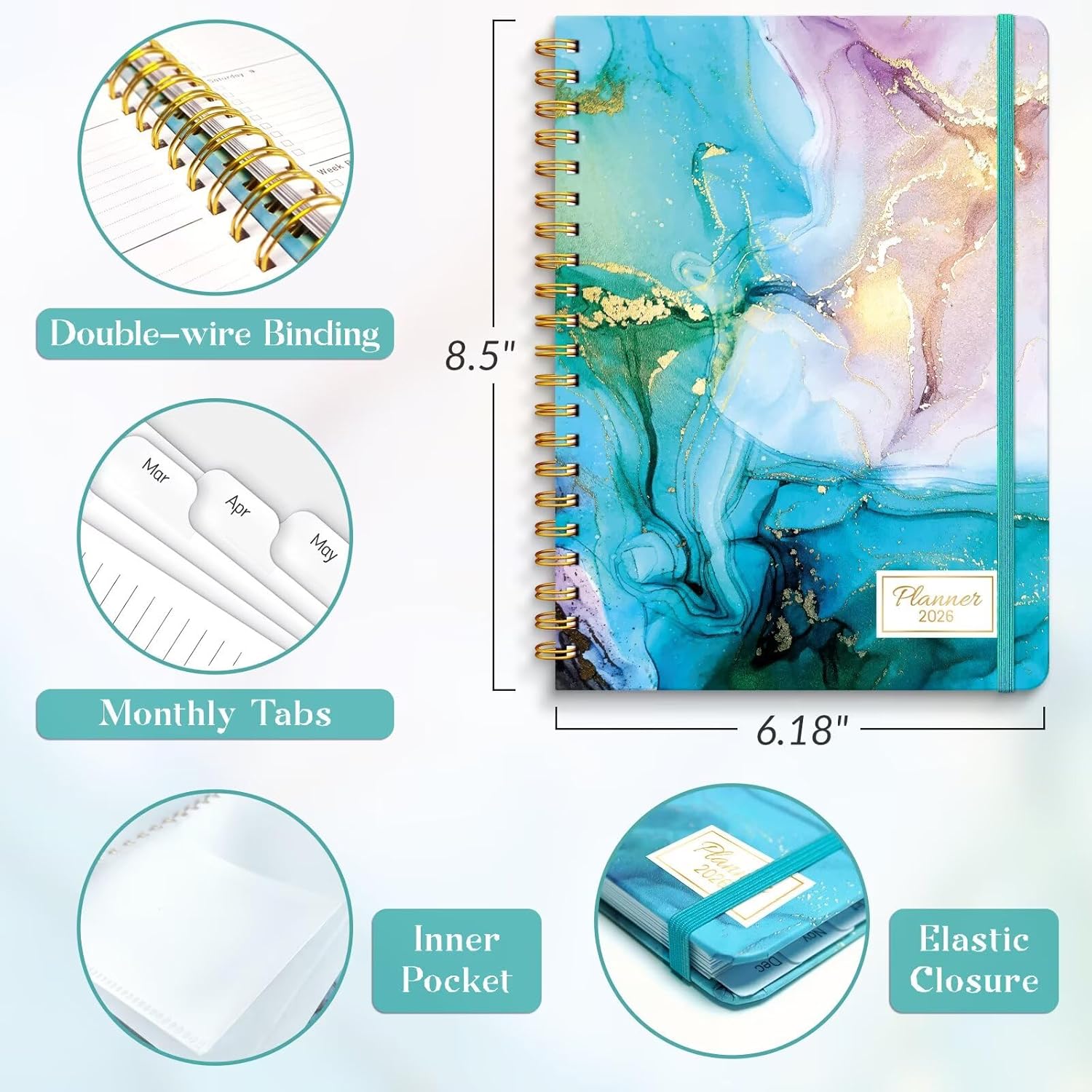 2026 Planner, A5 Weekly and Monthly Planners with Tabs, Spiral Bound Daily Calendar 2026 Planner, Agenda Organizers from Jan. to Dec., Hardcover Habit Tracker Journal 6.18" x 8.5"(Cyan Marble) - Image 3
