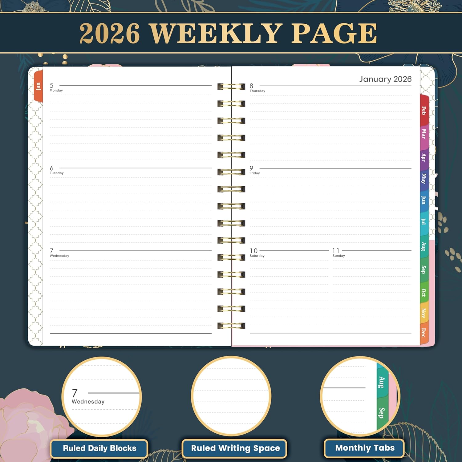 2026 Planner - 2026 Planner Weekly and Monthly, Jan 2026 - Dec 2026, Calendar Planner with Monthly Tabs, 6.4" x 8.5", Twin-Wire Binding, Thick Paper, Inner Pocket, Holidays - Image 4