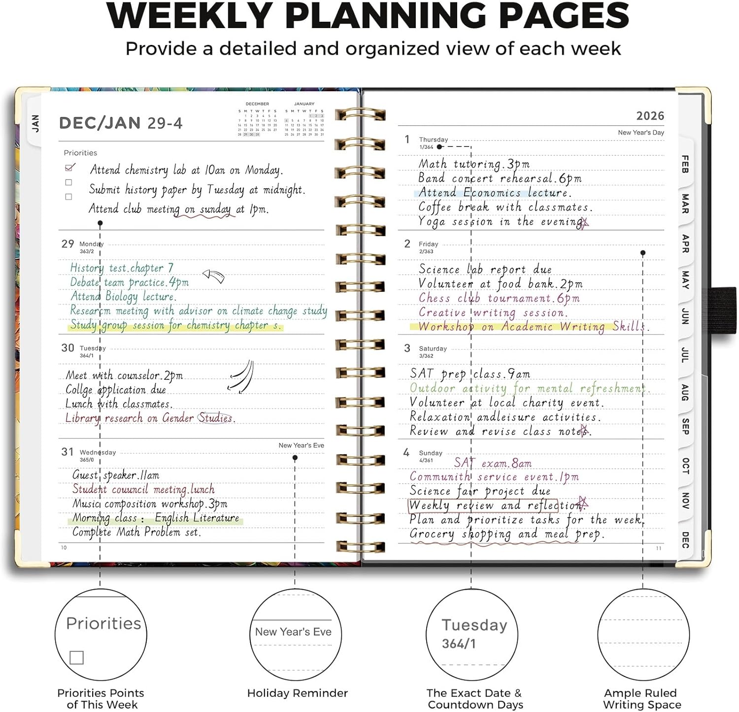 AHGXG 2026 Planner, Weekly and Monthly Planner for Women, Jan 2026 - Dec 2026, Medium Size (5.7" x 8.3"), Calendar 2026, Hardcover with Monthly Tabs, Spiral-Bound, 100 GSM Thick Paper, Colourful Tree - Image 5