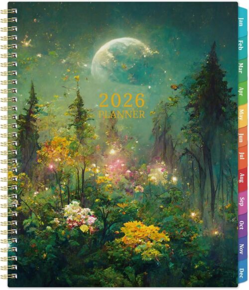 2026 Planner - 2026 Planner Weekly and Monthly, 9" x 11", Jan.2026 - Dec.2026, Planner 2026 Weekly and Monthly with Colorful Tabs, Strong Twin-wire, Back Pocket - Dreaming Moon