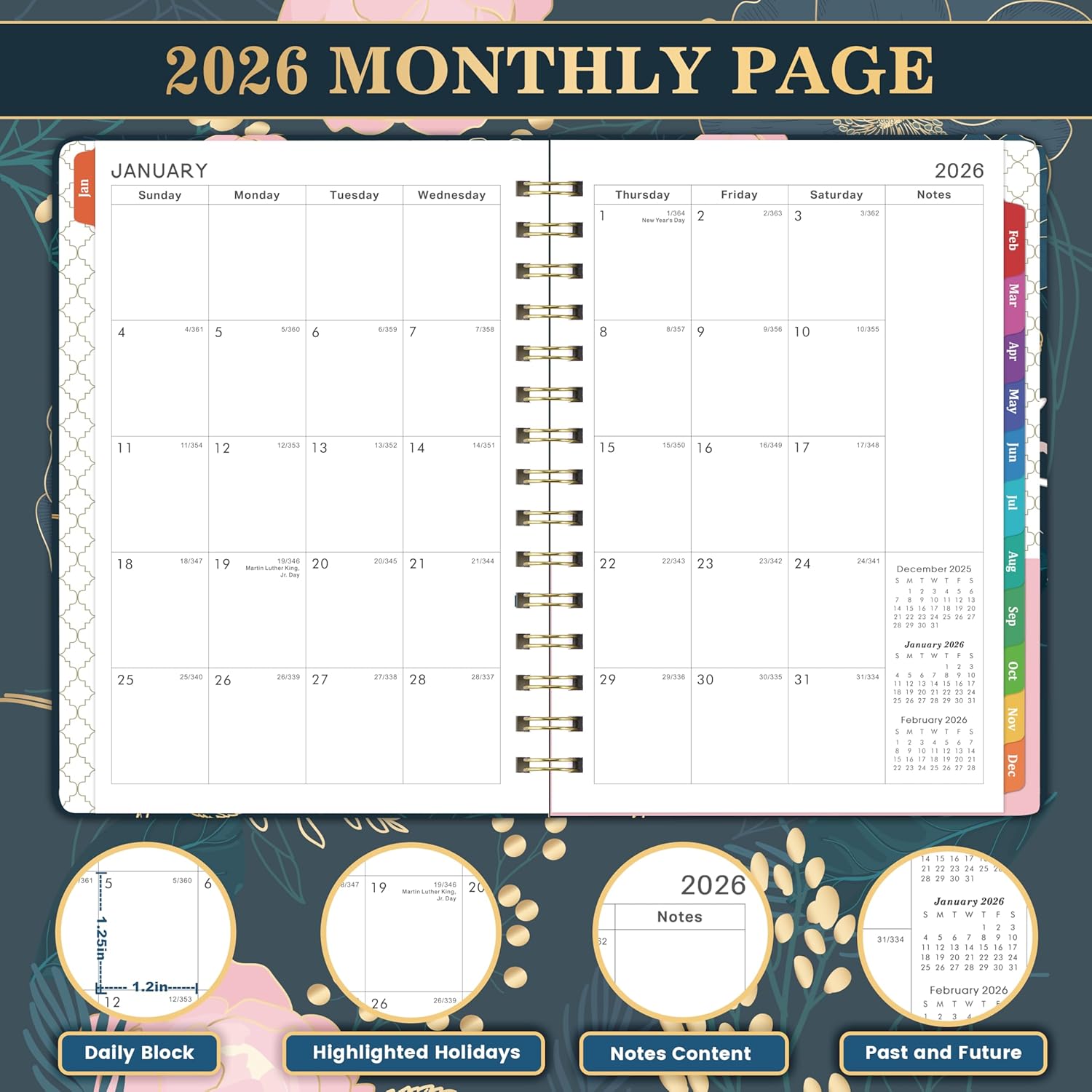 2026 Planner - 2026 Planner Weekly and Monthly, Jan 2026 - Dec 2026, Calendar Planner with Monthly Tabs, 6.4" x 8.5", Twin-Wire Binding, Thick Paper, Inner Pocket, Holidays - Image 3