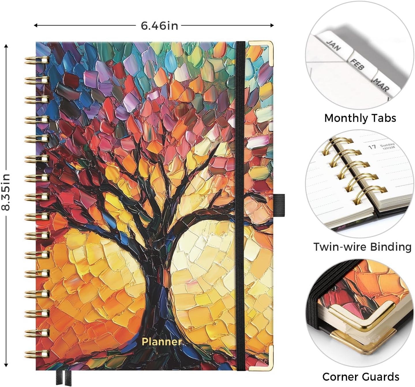 AHGXG 2026 Planner, Weekly and Monthly Planner for Women, Jan 2026 - Dec 2026, Medium Size (5.7" x 8.3"), Calendar 2026, Hardcover with Monthly Tabs, Spiral-Bound, 100 GSM Thick Paper, Colourful Tree - Image 3