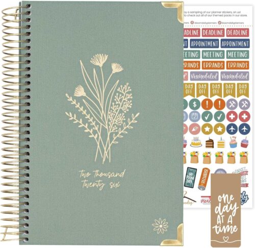 bloom daily planners HARDCOVER 2026 Planner (January to December) - A5 Task Goal Planner for Women - Monthly & Weekly Inspirational Agenda Book - 5.5" x 8.25" - Linen, Green
