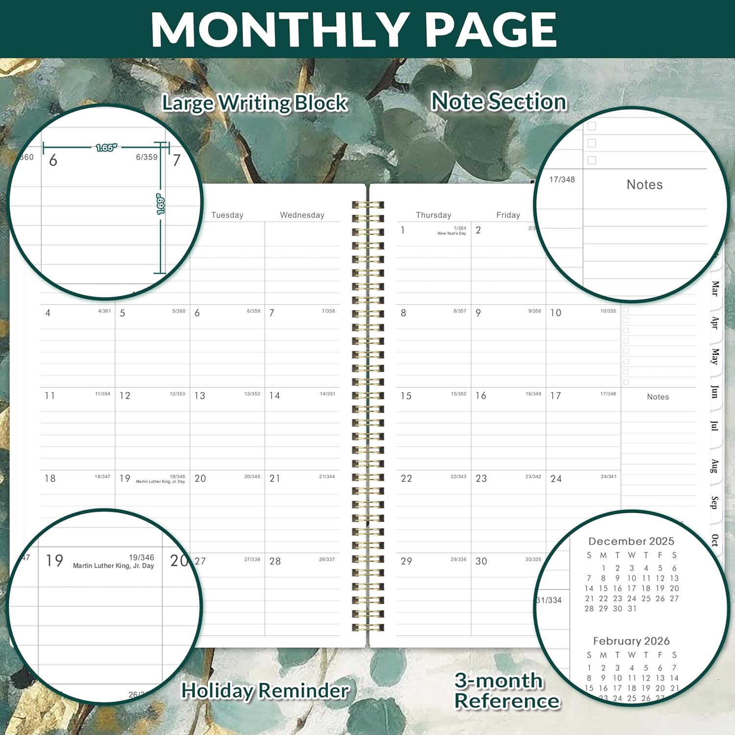 2026 Planner - Planner 2026 Weekly and Monthly, 9''x11'', Jan. 2026 - Dec. 2026, 2026 Weekly and Monthly Planner, Tabs, Pocket, Twin-wire Binding - Art Leaves - Image 5