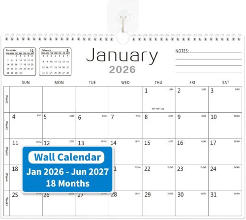 MZD8391 Calendar 2026-2027, Wall Calendar 2026-2027 From January 2026 To June 2027 18 Months, 14.7" x 11" Paper Calendars with Julian Date and Blank Block for New Year Christmas Gifts