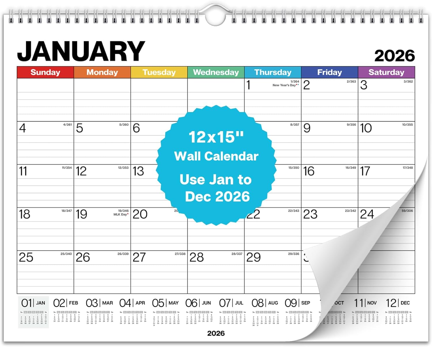 Dunwell 12x15 Wall Calendar 2026 (Colorful), Use Jan to Dec 2026, Large Lined 12 x 15 Monthly Calendar, Professional Styling for Home or Office, Premium Paper
