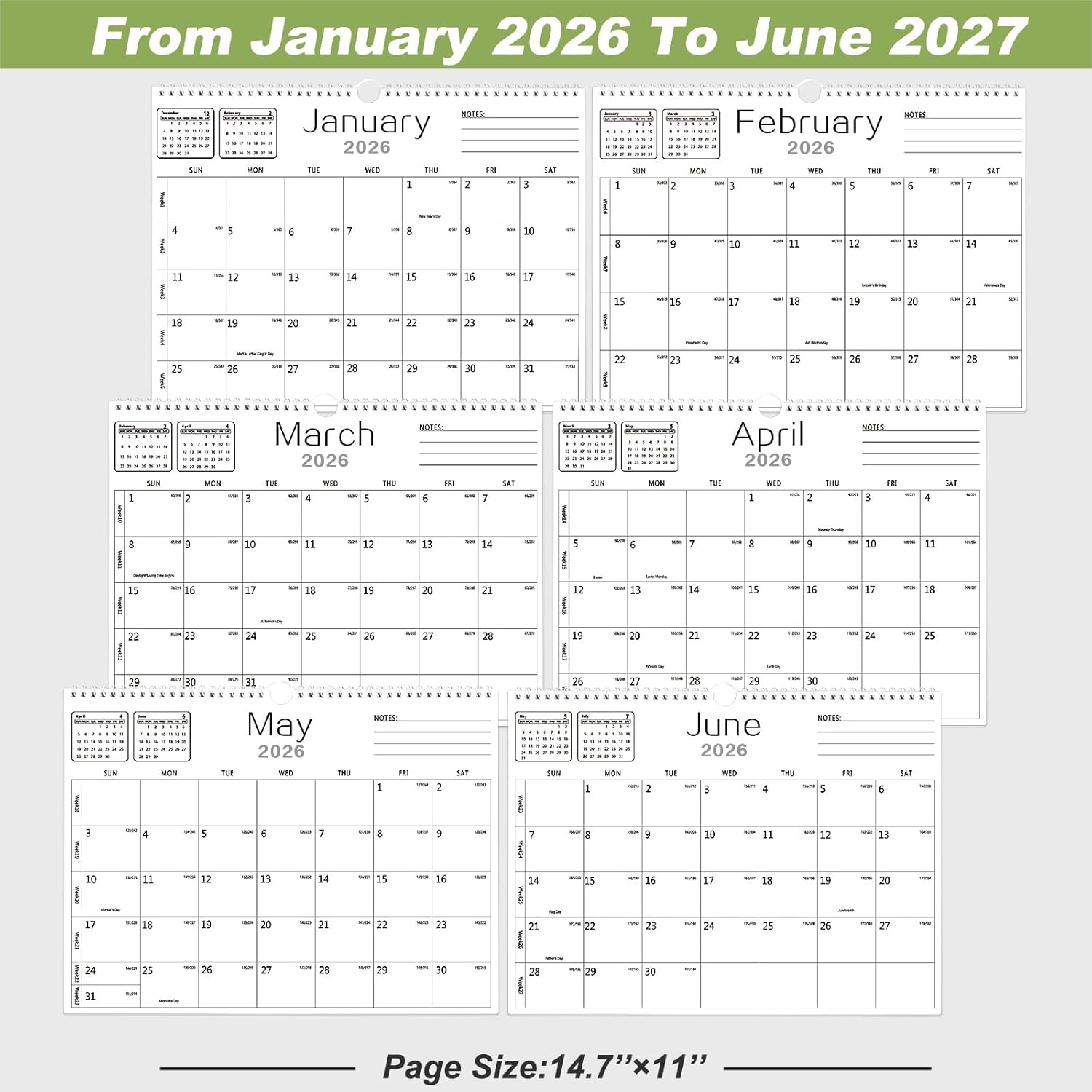 MZD8391 Calendar 2026-2027, Wall Calendar 2026-2027 From January 2026 To June 2027 18 Months, 14.7" x 11" Paper Calendars with Julian Date and Blank Block for New Year Christmas Gifts - Image 5