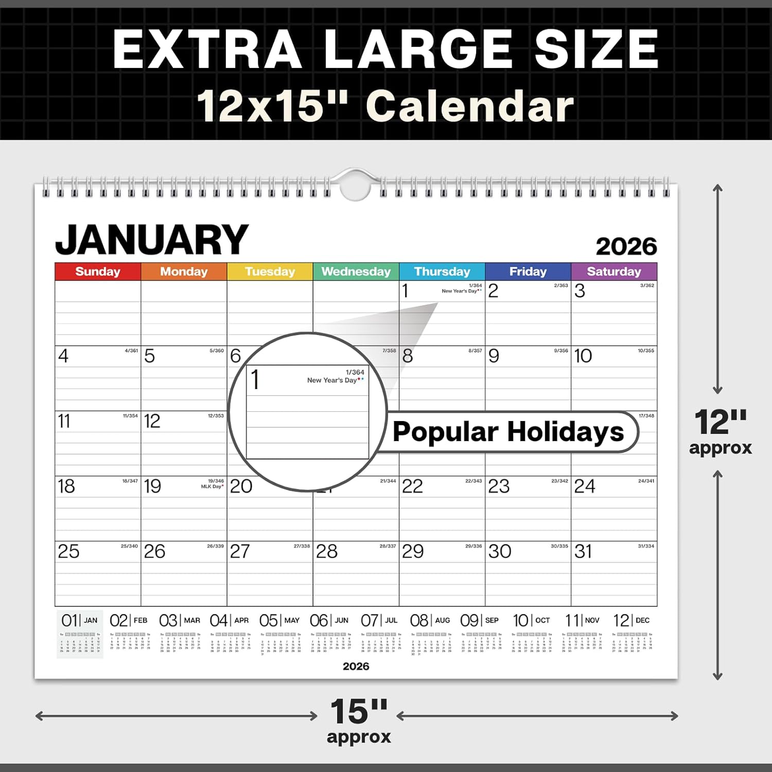 Dunwell 12x15 Wall Calendar 2026 (Colorful), Use Jan to Dec 2026, Large Lined 12 x 15 Monthly Calendar, Professional Styling for Home or Office, Premium Paper - Image 3