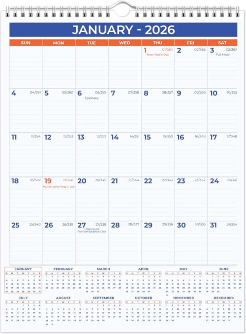 2026 Wall Calendar - January 2026 - December 2026, 12 Monthly Hanging Calendar, 2026 Planner, Size 11" x 17", Spiral Binding, Holidays, Julian Dates, Large Blocks, Twin-Wire Binding, Hanging Hook