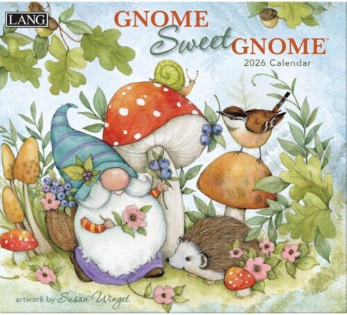 Lang Gnome Sweet Gnome 2026 Wall Calendar u2013 12-Month Calendar with Stapled Binding, Whimsical Gnome Artwork by Susan Winget, Linen-Embossed Paper, 13.4u2033 × 12u2033