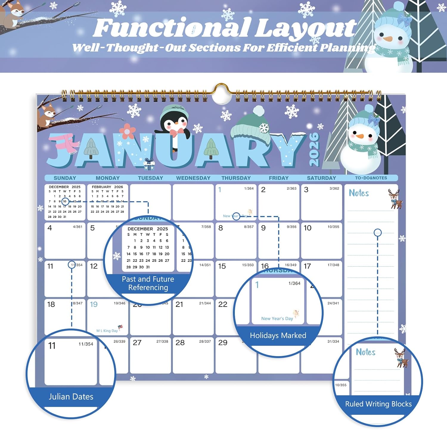 XISIDO 2026 Calendar, Wall Calendar 2026-2027, 18 Month Calendar January 2026 - June 2027, 14.8" X 11.5", Calendar with Twin-Wire Binding, Hanging Hook and Julian Dates (Seasonal Designs) - Image 4