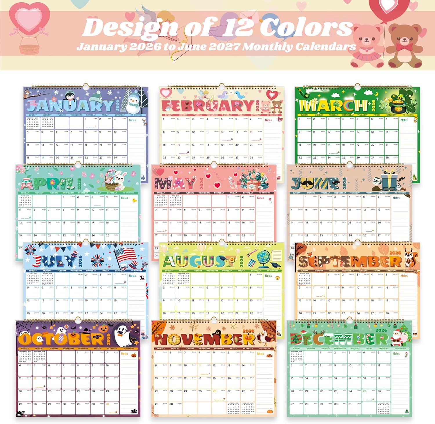 XISIDO 2026 Calendar, Wall Calendar 2026-2027, 18 Month Calendar January 2026 - June 2027, 14.8" X 11.5", Calendar with Twin-Wire Binding, Hanging Hook and Julian Dates (Seasonal Designs) - Image 5