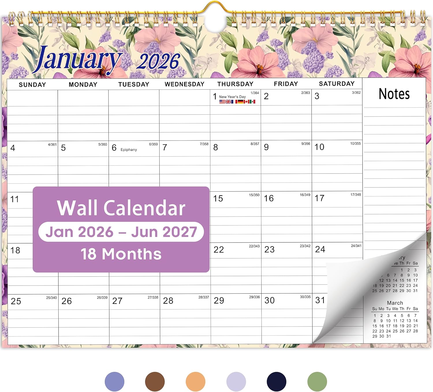 2026 Calendar, 18-Month Wall Calendar from Jan 2026 to Jun 2027, 11.5" x 14.7", Spiral Binding Hanging Monthly Calendar with Twin-Wire Binding, Perfect for Home or Office - Vintage Floral